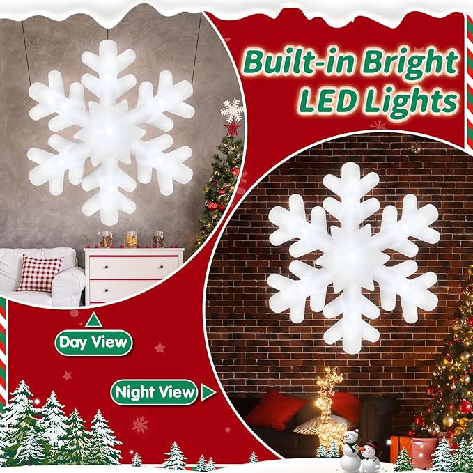 6FT Christmas Hanging Inflatable Snowflake Giant Blow Up Snowflake Ornaments Built-in 7 LED Lights for Christmas Inflatables Outdoor Decorations Winter Xmas Party Supplies Window Roof Wall Yard
