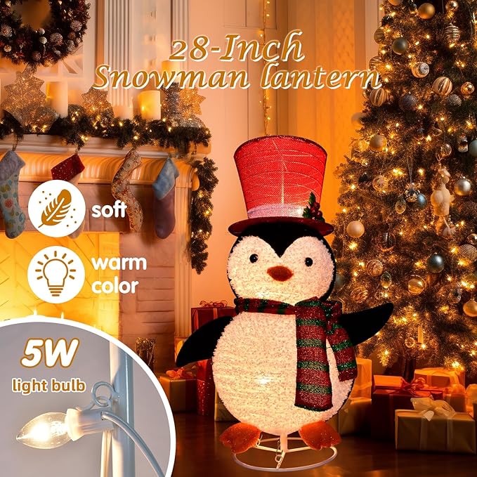 Lighted Penguin Outdoor Christmas Decorations - 28 inch Light up Penguin with LED Lights, Pre-lit Penguin with Top Hat Holiday Ornaments Yard Decor for Home, Lawn and Front Yard