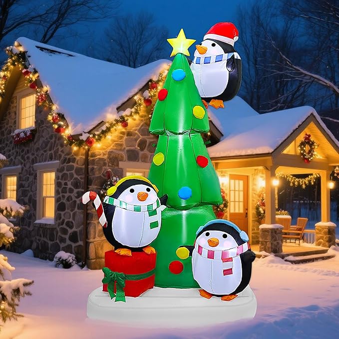 Joliyoou 8FT Christmas Inflatable Yard Decoration, Blow Up Giant Christmas Tree with Penguins Placing Star, Air-Blown Outdoor Holiday Display with Built-in LED and RGB Lights for Xmas Lawn Decor