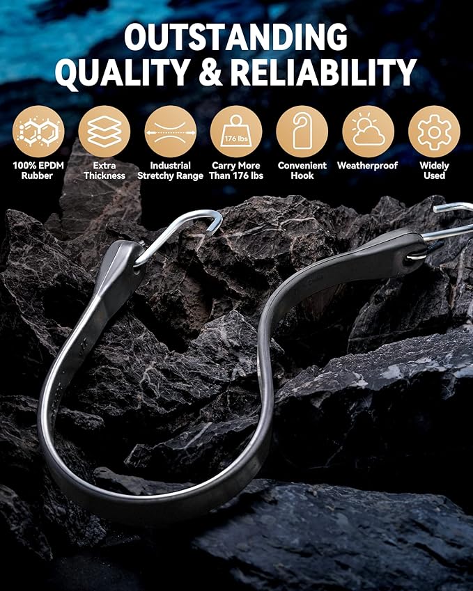 31'' Rubber Bungee Cords Heavy Duty Outdoor with 55.8" Max Stretch & Over 176 lbs Load, 100% EPDM Black Bungee Straps with Crimped S Hooks for Cargo, Tarps, Truck, Motorcycle, Weatherproof (30 Pack)