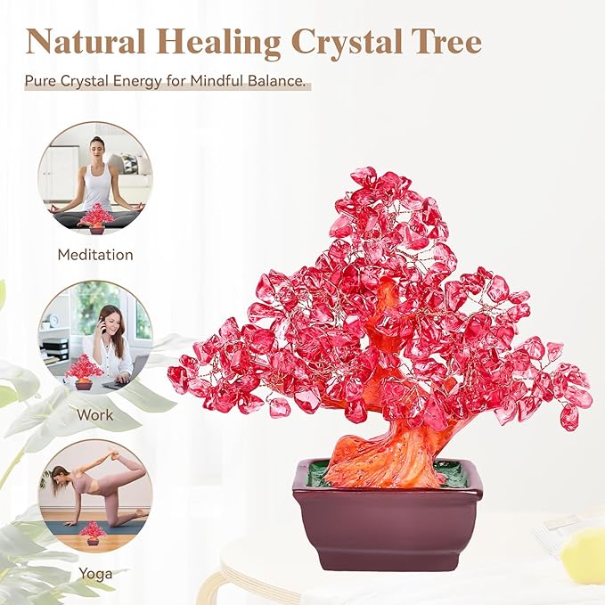 Feng Shui Quartz Crystal Money Tree Bonsai Style Decoration for Luck and Wealth (Red)