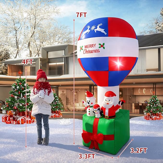 7FT Christmas Inflatable Hot Air Balloon Santa Decoration,Blow Up Outdoor Holiday Decor with Santa,Polar Bear and Penguin Figures,Built-in LED Lights Decoration for Xmas Party,Garden,Lawn,New Year