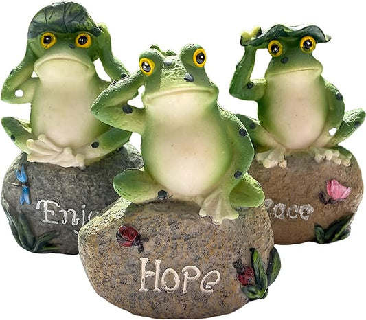 Inspirational Frogs Garden Statues, 3 Pack Frog Sitting on Stone Sculptures Outdoor Decor for Patio, Yard, Pond & Fairy Garden