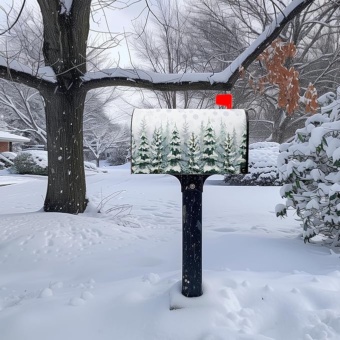 Winter Cedar Magnetic Mailbox Cover Snowy Forest Mailbox Wrap Pine Tree Snowflake Nature Landscape Mail Post Letter Box Cover for Christmas Holiday Garden Yard Decor Standard Size 18" X 21"