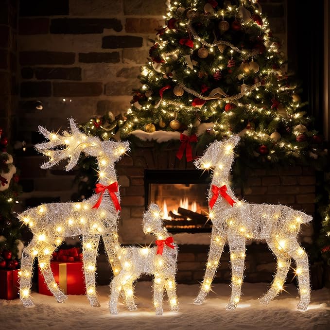 VINGLI 3-Piece Lighted Tinsel Christmas Reindeer Family Set, 3FT White Buck Doe Fawn Outdoor Yard Decorations, Pre-lit 110 Warm White LED Lights, Weatherproof Xmas Lawn Garden Home Decor