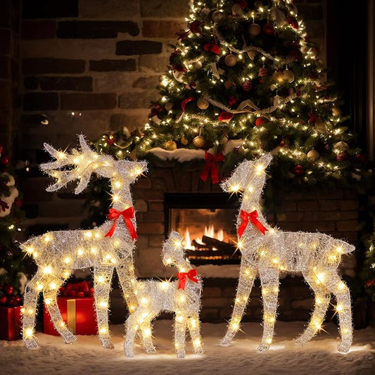 VINGLI 3-Piece Lighted Tinsel Christmas Reindeer Family Set, 3FT White Buck Doe Fawn Outdoor Yard Decorations, Pre-lit 110 Warm White LED Lights, Weatherproof Xmas Lawn Garden Home Decor