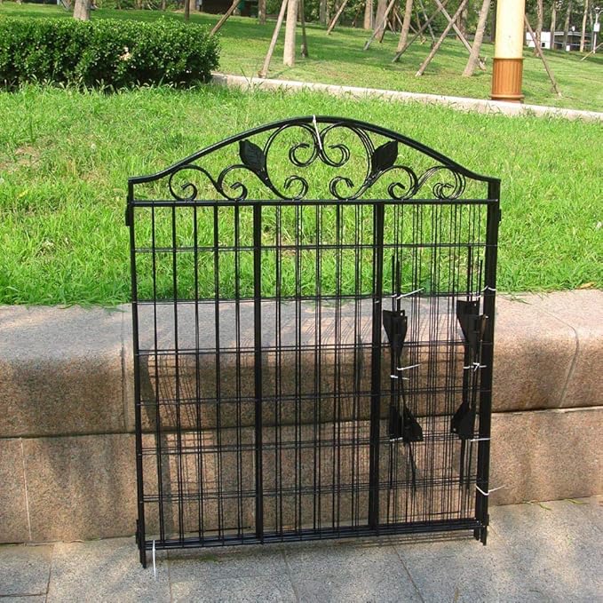 Black Coated Steel Decorative Garden Fence Panel 2 Leaves, 44" H 36‘’ W (Linear Length 12 feet) Metal Border Folding Fence Wire Border Fencing Folding Patio Flower Barrier Section Panel, Pack of 4