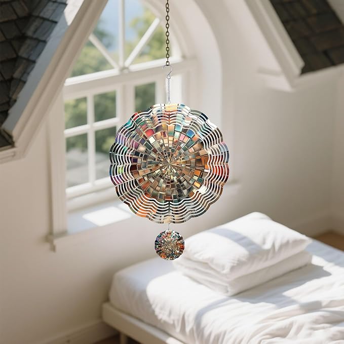 Wind Spinners Outdoor, Silver Mosaic Modern 3D Stainless Steel Wind Sculpture Spinner for Garden Outside Hanging Decor Mother's Day Christmas Birthday Gifts for Women Men Mom Nana 11.8 in