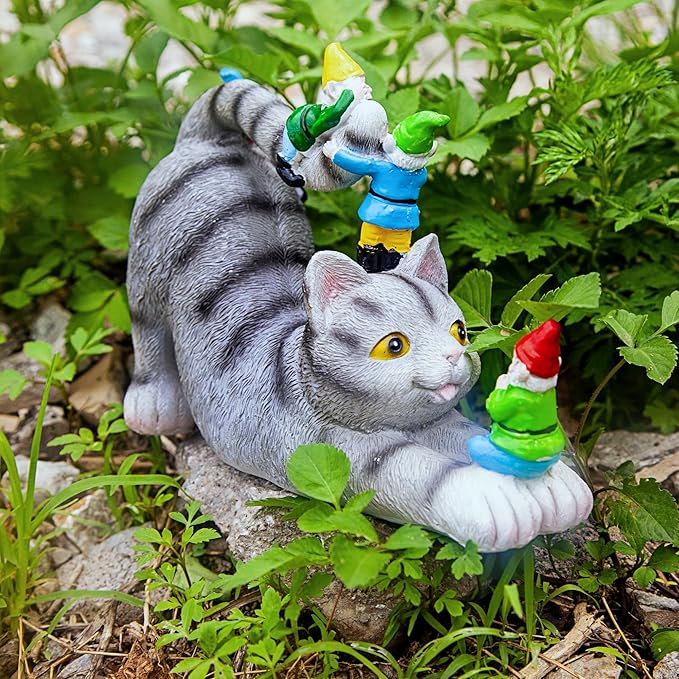 Adorable Cat with Gnomes Garden Statue, Hand-Painted Resin Outdoor Decor for Patio & Lawn, Unique Gift for Cat Lovers & Mothers, Weatherproof Yard Ornament