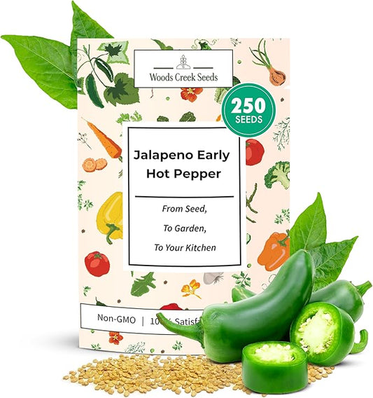 Woods Creek Seeds: Jalapeño Early Hot Pepper Seeds for Planting - Heirloom Non-GMO Jalapeno Seeds for Planting - Beginner Friendly Jalapeno Pepper Seed Pack for Indoor, Outdoor & Home Garden