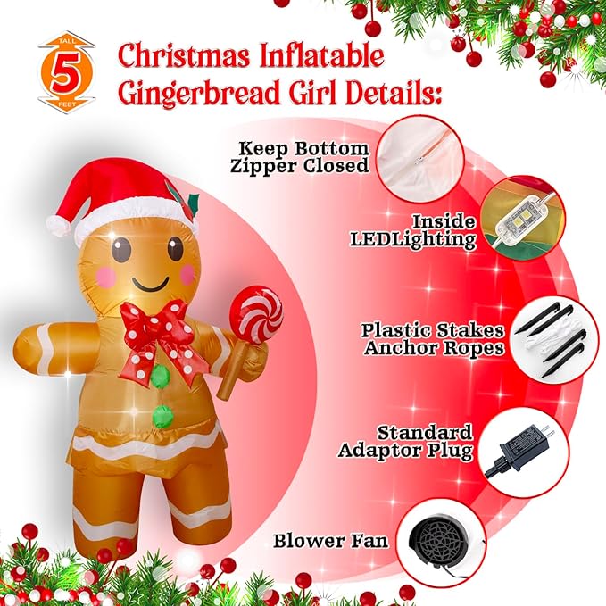 Christmas Inflatables Gingerbread Man Girl Lighted Yard Lawn Inflatable Decoration with Built-in Fan and Stakes Ropes Holiday Party Decor, Christmas Decor (5FT-Gingerbread Girl Holds Candy)