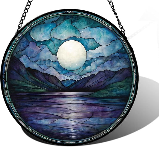 Stained Glass Window Hanging, Blue Night Moon Lake Sun Catchers Colorful Glass Panel Landscape Suncatcher Decor for Birthday for Women, Men, Wife, Aunt, and Mom 7.8 in