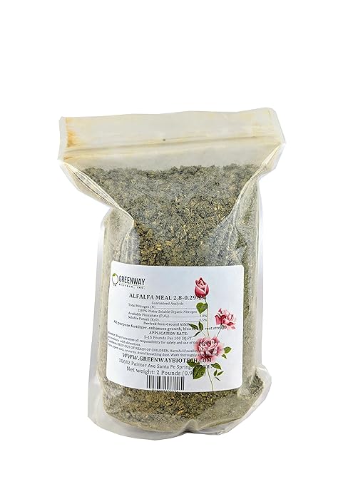 Greenway Biotech, Inc. Alfalfa Meal 2.80-0.29-2.40- Rose, Flower Plant & Vegetables Fertilizer with Essentials Minerals, & Nitrogen- Ideal for Alkaline Plants- 2 Pounds