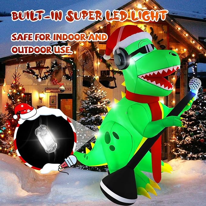 TCFUNDY 6.5FT Christmas Inflatable Dinosaur Singing Outdoor Patio Decoration, Giant Dinosaur with Built-in Bright LED Lights for Christmas Holiday Garden Lawn Decoration