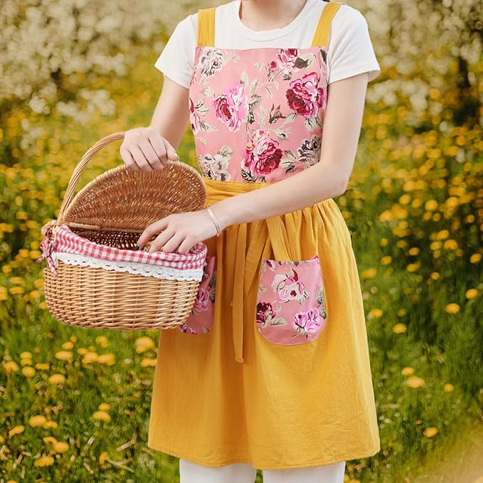 Vintage Pinafore Apron Dress for Women with Pockets Cute Floral Chef Aprons for Kitchen Cooking Baking Gardening