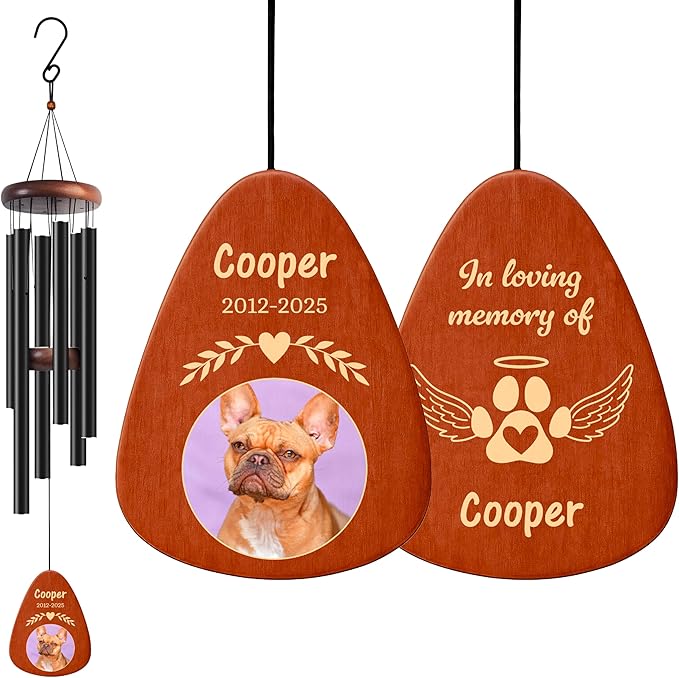 Personalized Pet Memorial Wind Chime with Photo - 37" Custom Pet Loss Gift with Name, Date & Quote - Drop Shape Wooden Pendant & Stainless Steel Tubes, Outdoor/Indoor Remembrance Wind Chime, Black D2
