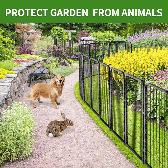 Decorative Garden Metal Fence 15.7ft (L)×24in (H) with 7 Panels 1 Gate Outdoor, No Dig Rustproof Wire, Animal Barrier Fencing for Outdoor Yard Patio Flower Bed,（Black-Silver）