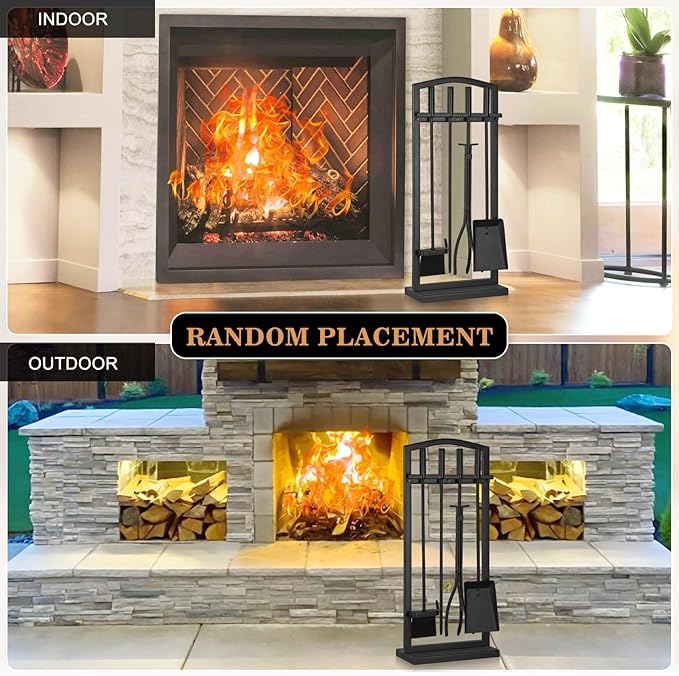 Gtongoko 5 Pieces Fireplace Tools Set with Stand, Outdoor Fire Tools for Fireplace with Poker, Shovel, Brush, Tong and Base, Fireplace Accessories Fire Place Set Tools, Black
