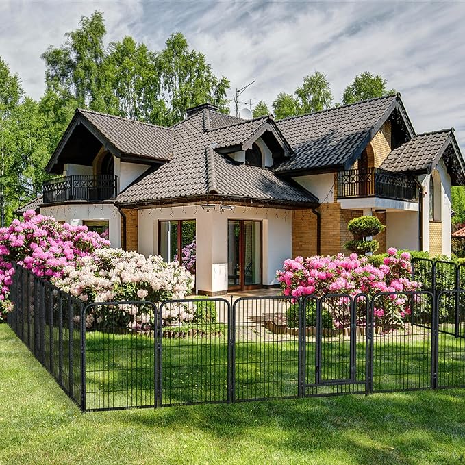 Decorative Garden Metal Fence 18ft (L)×32in (H) with 7 Panels 1Gate Outdoor, No Dig Rustproof Wire, Animal Barrier Fencing for Outdoor Yard Patio Flower Bed,（Black-Silver）
