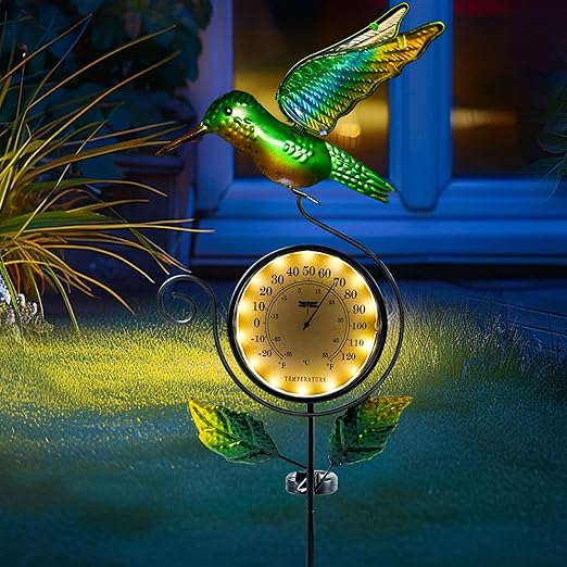 HONGLAND Outdoor Thermometer with Solar & Warm LED Lights, Metal Hummingbird Temperature Stake for Garden, Lawn, Patio, Waterproof Yard Decor