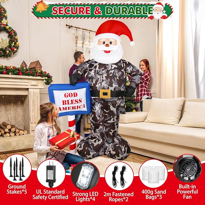 Christmas Inflatable Outdoor Decoration, 7FT Giant Blow Up Camouflage Santa Claus Xmas Decorations Soldier Army Gift, Built-in LED Lights Holiday Decor for Indoor Outside Lawn Garden