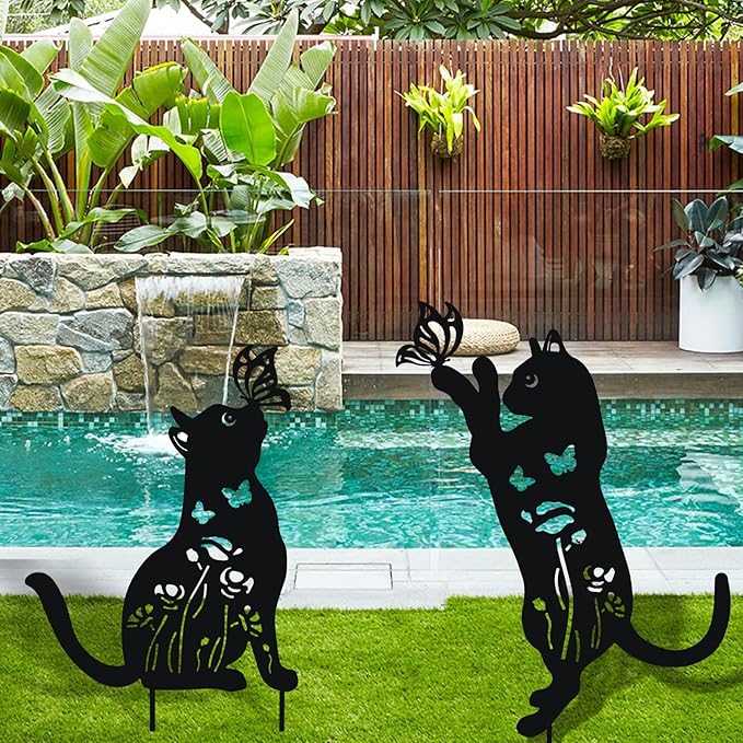 WONDER GARDEN Metal Cat Decor for Outside - 2 Pack Garden Stakes Decorative, Black Cat Silhouette Statues Lawn Ornaments Yard Art Patio Decor Women Men Mom Gifts