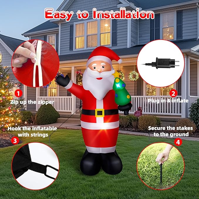 8FT Christmas Inflatable Santa, Large Blow up Santa Claus Yard Decoration Built-in LED Lights, Outdoor Santa Inflatable Christmas Decoration for Xmas Holiday Garden Lawn Patio