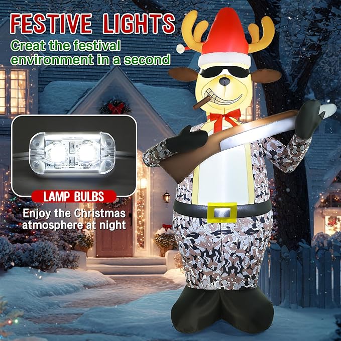 Christmas Inflatable Outdoor Decorations, 7FT Inflatables Camouflage Reindeer Yard Decor with Hat & Gun, LED Lights Blow up Giant Deer Holiday Decoration for Indoor Outside Lawn Garden Soldier Army