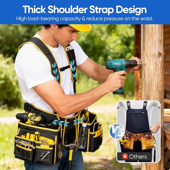Tool Belts for Men, Tool Belt Suspenders, Heavy Duty Tool Belts with 28 Pockets, Magnetic Tool Belt with Suspenders for Carpenters Electricians Framers, 32''-66'' Adjustable Waist