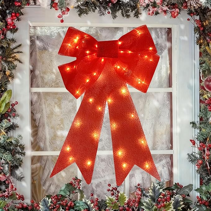 Christmas Bow Decorations Lighted Giant Christmas Bows Decoration 24 Inch Red Xmas Bows with LED Lights Xmas Tree Decorations Wreath Yard Décor Light for Indoor Outdoor Decor (1)