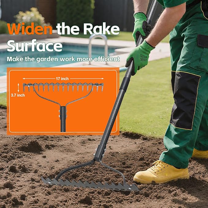 Thatch Rake, 49" Heavy Duty Metal Lawn Leveling Rake with 17 Tines, Garden Tool with Adjustable Long Handle for Looseing Soil, Weede Control
