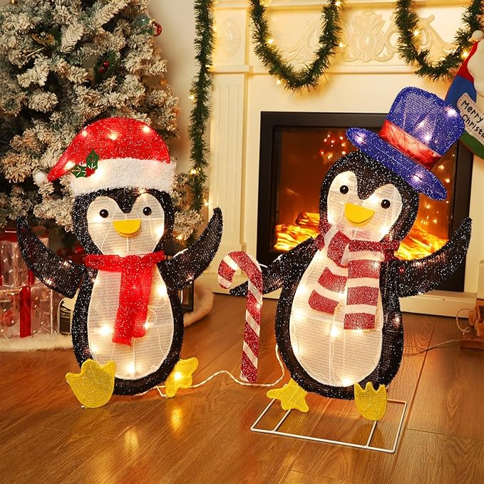 WATERGLIDE Set of 2 Lighted Christmas Tinsel Penguins, Pre-Lit 2D Stacked Penguin with Incandescent Lights, Light Up & Plug in for Indoor Outdoor Festive Xmas Holiday Garden Yard Lawn Decor