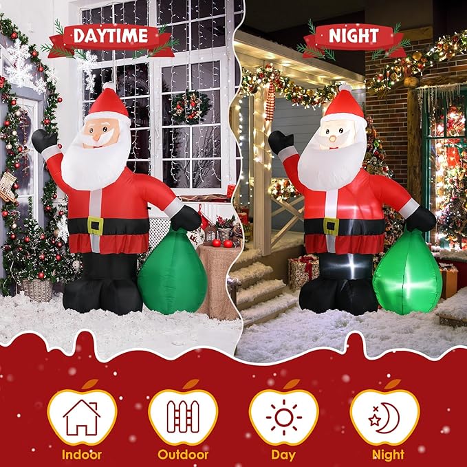 VINGLI 6FT Christmas Decorations Outdoor Inflatable Lighted Decor，Blow Up Yard Decoration with Electric Blower for Holiday Indoor Outdoor Garden Decor, Santa with Gifts