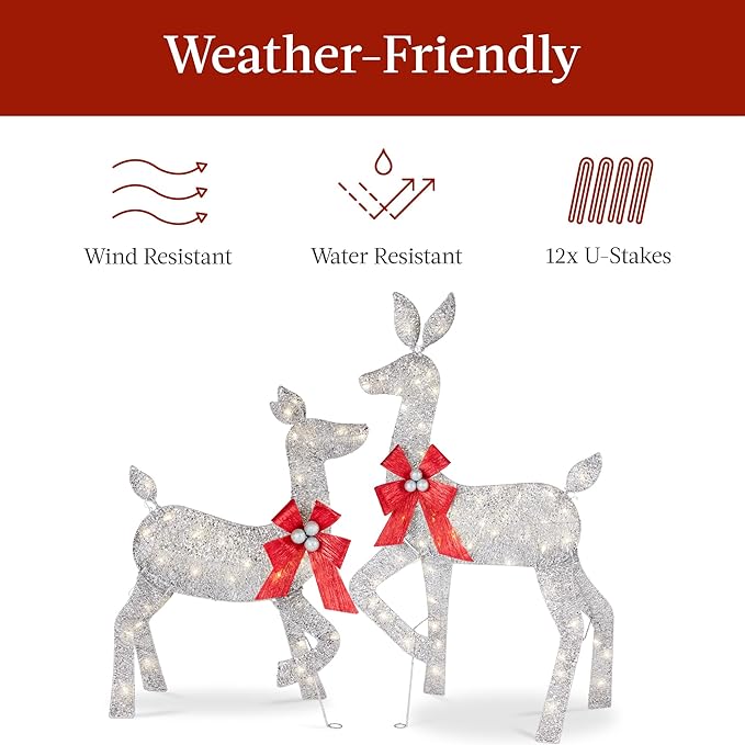 Best Choice Products 4ft 3-Piece 2D Lighted Christmas Deer Family Set, Large Outdoor Yard Reindeer Holiday Decoration with 175 LED Lights, Stakes, Zip Ties - Silver