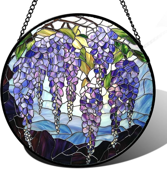 Stained Glass Window Hanging, Purple Wisteria Flowers Suncatcher for Doors Window Home Plant Sun Catchers Decoration Mother's Day Birthday Gifts for Women, Men, and Mom 11.8x11.8 in