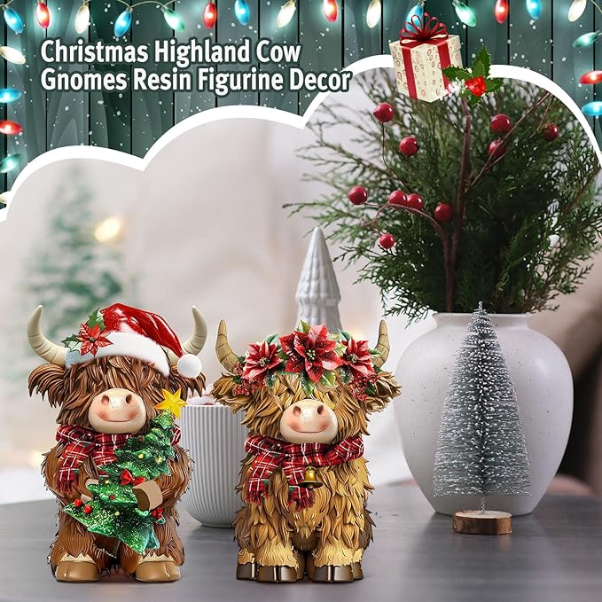 2 Pack Christmas Highland Cow Decor Resin Highland Cow Figurine Christmas Cows Gnomes with Santa's Hat Scarf Resin Statue for Garden Table Shelf Home Decor Calf Gnome Herd Gifts