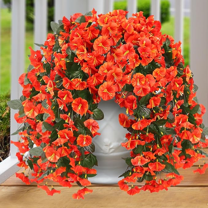 Sggvecsy Artificial Fake Hanging Flowers Plants for Outdoor Outside Spring Summer Decoration 4PCS Faux Silk UV Resistant Realistic Morning Glory Trailing Vines for Home Porch Patio Balcony(Orange)