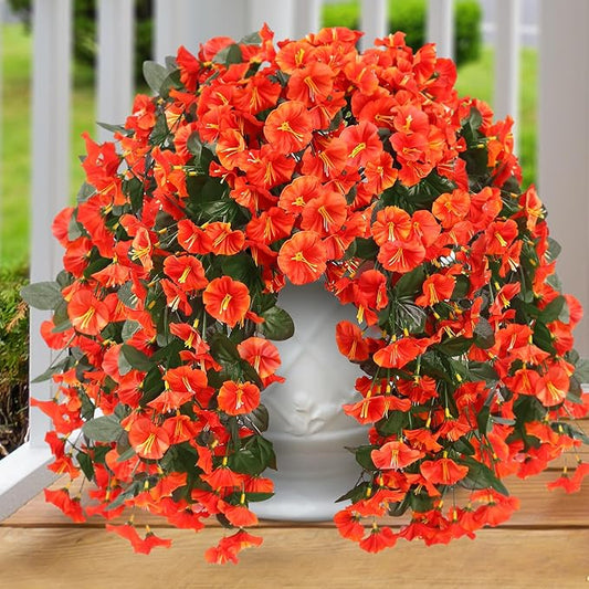 Sggvecsy Artificial Fake Hanging Flowers Plants for Outdoor Outside Spring Summer Decoration 4PCS Faux Silk UV Resistant Realistic Morning Glory Trailing Vines for Home Porch Patio Balcony(Orange)