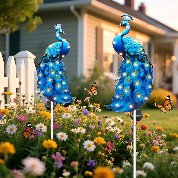 Hexagram Peacock Garden Decor, Peacock Solar Garden Stakes Set of 2, Metal Blue Waterproof Solar Decorative Lights Decorations for Outdoor Outside Yard Lawn Porch Patio Pathway 11.8x6 Inch
