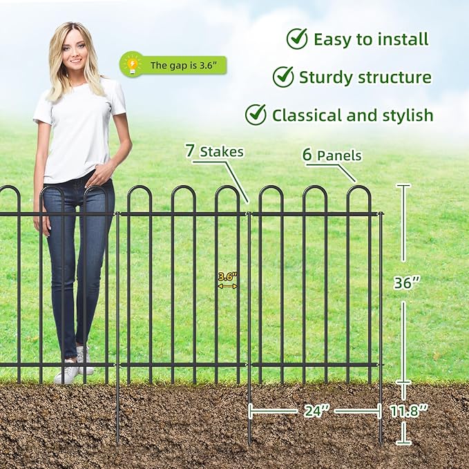 Metal Garden Fence 36 in H x 12 ft L, No dig Garden Border Yard Fencing, Dog Fence Outdoor Temporary Animal Barrier for Flower Bed Lawn and Patio, 6 Panels + 7 Stakes Black