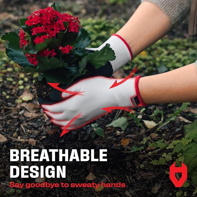 NoCry Gardening Gloves for Women with Strong Grip and Touchscreen Tips - Ultra-Breathable, Lightweight Snug Fit - Durable Abrasion-Resistant, Water-Repellent Rubber Coated Palm - Ideal for Yard Work