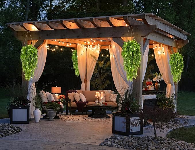 RECUTMS Large Hanging Ferns Artificial Plants Fake for Outdoors Vines with Lights Lavender Flowers Realistic (Green)