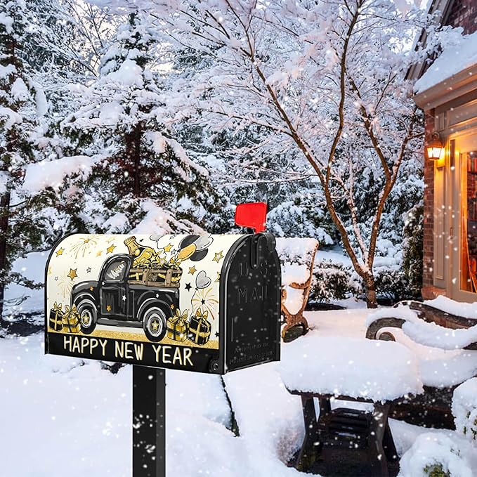 Happy New Year Mailbox Cover Magnetic Standard Size 21x18 Black Truck Mailbox Covers for Winter Holiday Garden Yard Outdoor Decoration