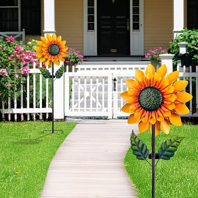 Sunflower Solar Wind Spinners for Yard and Garden - 52" Metal Windmill Ligths with LED Wind Sculptures with Stake for Lawn Patio Decor