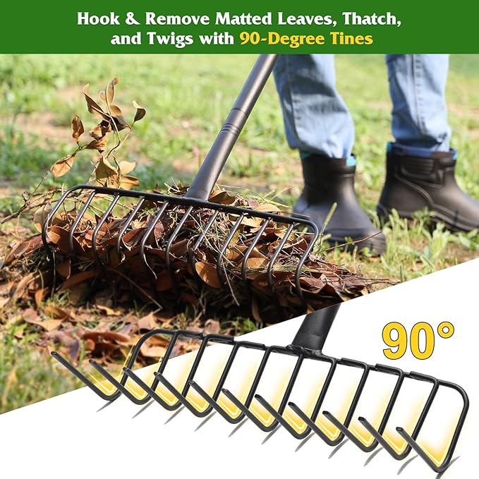 Garden Rake for Leaves, 60 Inch Heavy Duty Rakes for Lawns Yard Mulch Gathering, Metal Thatch with Adjustable Handle, Wide Bow Rake Head for Grass Deribs