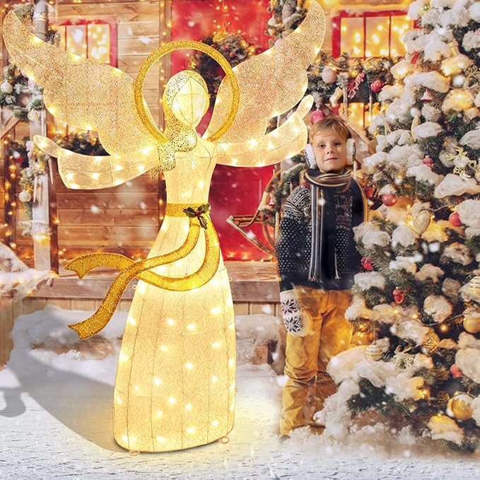 5.6FT Lighted Christmas Angel Outdoor Pre-lit 3D Glittered Angel Lighted Up Standing Ornament Outdoor Indoor Christmas Decoration for Home Lawn Yard Garden Display