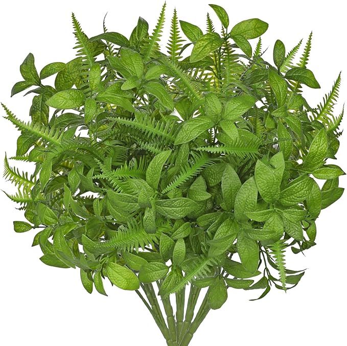 Artificial Fern Mint Leaves Stems Mix Plants 5pcs Realistic UV Resistant Fake Greenery Plants and Branches for Decor Home Indoor Outdoor Garden