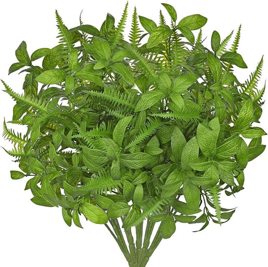 Artificial Fern Mint Leaves Stems Mix Plants 5pcs Realistic UV Resistant Fake Greenery Plants and Branches for Decor Home Indoor Outdoor Garden