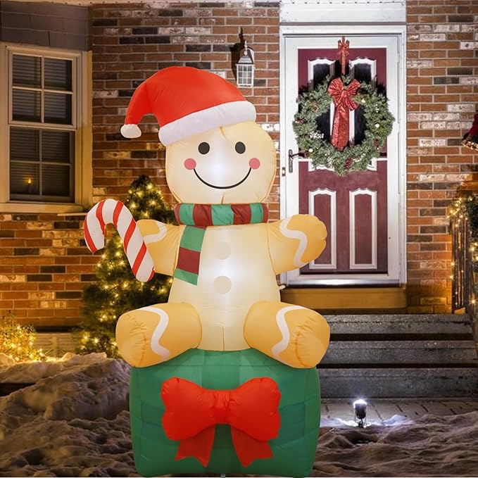 Christmas Inflatable Gingerbread Man with Giant Gift Box 6 FT, Outdoor Xmas Holiday Decorations Blow Up, Inflatable Yard Decorations with Build-in LED Lights