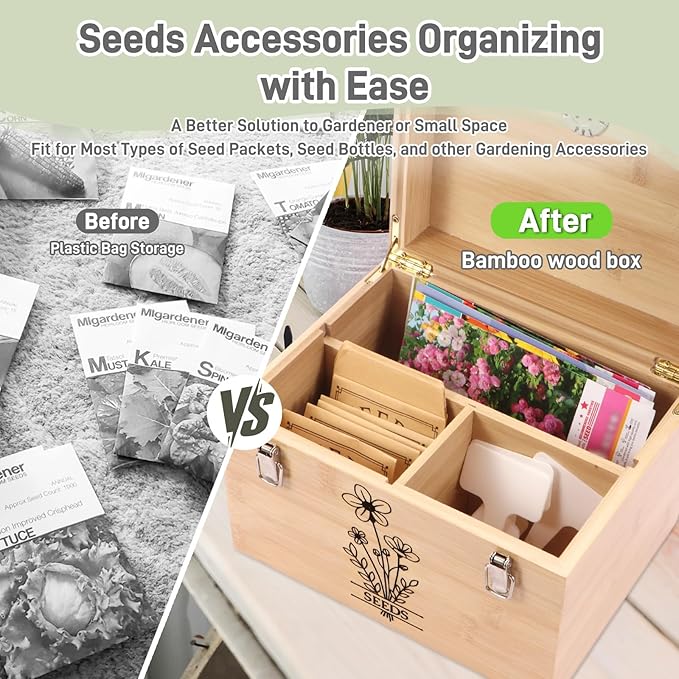 Professional-Designed Bamboo Seed Storage Box with Built-in Hygrometer, Double-Layer Airtight Lid and Safety Lock, Temperature-Stable Wooden Seed Organizer for Preservation, Great Gifts for Gardener